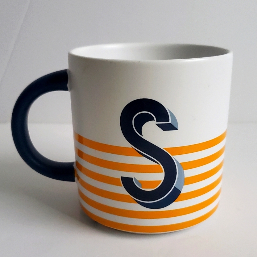 INDIGO 'S' Initial Mug Summer Coastal Nautical Theme Yellow Stripes Navy Blue